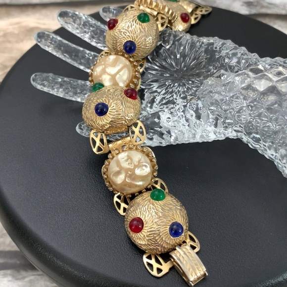 Vintage Victorian Revival Baroque Pearl Jewel Cabochon Book Chain Gold Bracelet - Picture 4 of 9